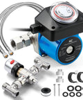 No Sweat Instant Hot Water Recirculation Pump With Slick Temp Control For Tank Heaters showing adjustable temperature valve and quick connect PEX lines.