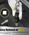 Close-up of 2-In-1 Lug Nut Extractor And Socket Kit removing stripped bolt with a hammer, showing 7-Piece Flip Socket Set.