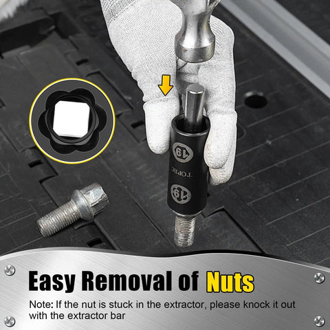 Close-up of 2-In-1 Lug Nut Extractor And Socket Kit removing stripped bolt with a hammer, showing 7-Piece Flip Socket Set.