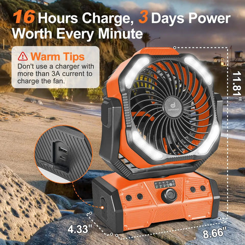 40000mAh Camping Fan With LED Light Remote And Hook Rechargeable Oscillating Tent Fan For Power Outs Travel RV Job Site