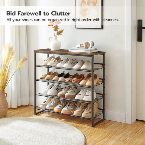 Five Tier Shoe Rack Organizer For Entryway With Adjustable Tilt And Feet Holds 16 Through 20 Pairs Rustic Brown And Black