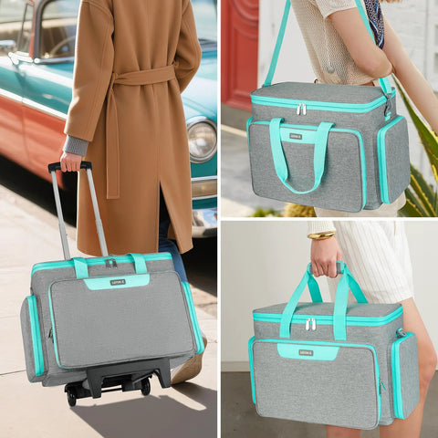 Rolling Sewing Machine Case With Wheels And Trolley Handle, Spacious Carrying Bag For Most Standard Sewing Machines And Accessories