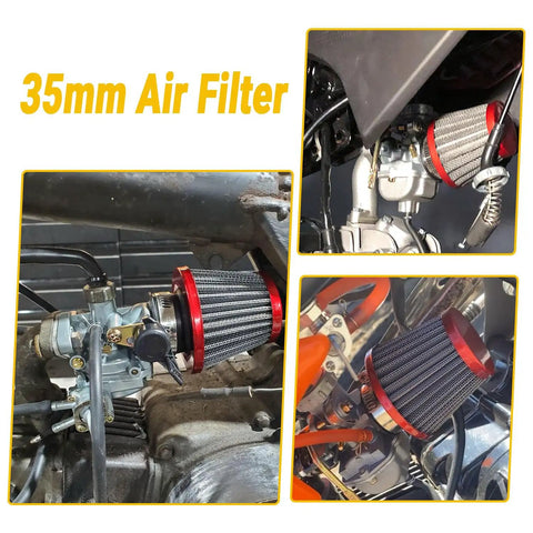 35Mm Air Filter for 50cc-125cc ATV, Dirt Bike, and Go Kart Engines installed on PZ19 PZ20 carbs, showcasing fit and design.