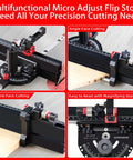 Precision Table Saw Miter Gauge With Micro Adjustable Flip Stop And Magnifier For Dead Nuts True Cuts, showing angle and square cuts.