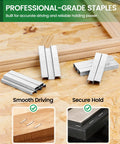 Top Shelf Jt21 Staples Bulk Refill Featuring Quarter Inch Galvanized Fine Wire With 7/16 Crown Engineered For No Sweat Staple Gun Reloads on display with wood and fabric.