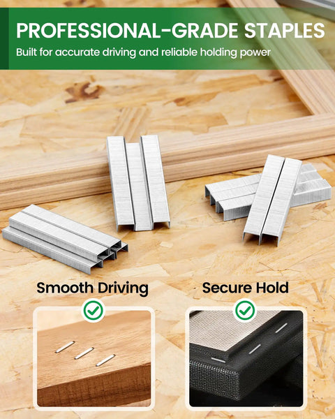 Top Shelf Jt21 Staples Bulk Refill Featuring Quarter Inch Galvanized Fine Wire With 7/16 Crown Engineered For No Sweat Staple Gun Reloads on display with wood and fabric.