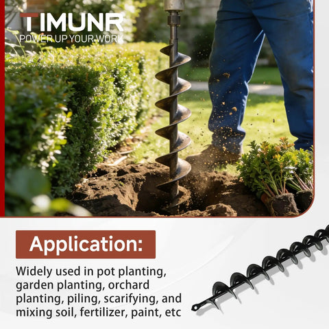 Person using Auger Drill Bit for Planting Bulbs, 2 Inch Diameter, 24 Inch Length, in garden.
