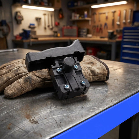 Rugged Reciprocating Saw Switch Replacement For Electric Chainsaw And Handheld Power Tools Featuring Rock Solid Locking Trigger and No Sweat Quick Swap Setup For Crews On The Go on a metal workbench with gloves.