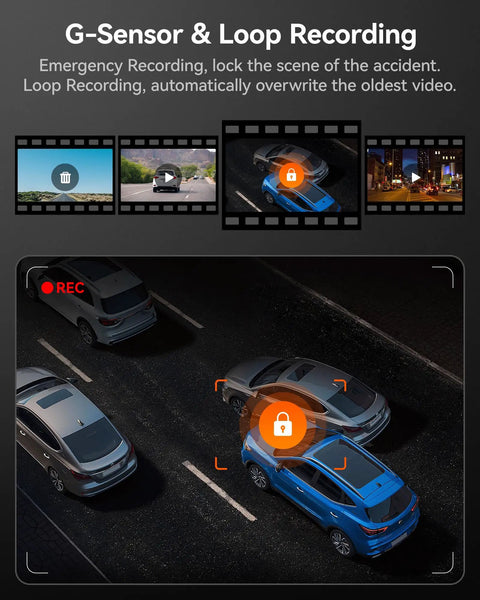 Image illustrating G-Sensor and Loop Recording feature of Three Channel Dash Cam With Built In WiFi And GPS, Front 1440P Plus Interior And Rear 1080P, 3 Inch LCD Screen, 32GB Card Included, IR Night Vision, 24H Parking Mode, showing cars on a road with recording lock icons.