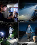 Four scenes showing Two Pack Rechargeable LED Headlamps With 2000 Lumens used for repairing, fishing, hiking, and dog walking.