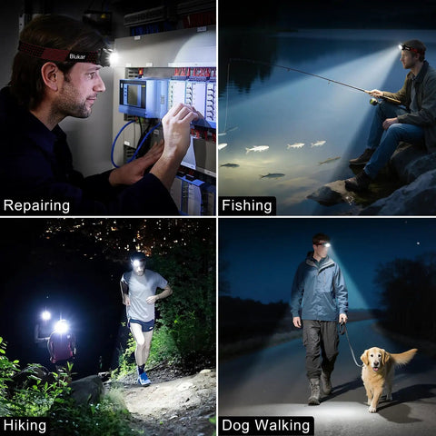 Four scenes showing Two Pack Rechargeable LED Headlamps With 2000 Lumens used for repairing, fishing, hiking, and dog walking.