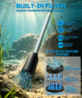 Heavy Duty Cordless Water Pump With 720 GPH Output And 29 Ft Max Lift Featuring A Slick 2.2 Inch Compact Profile showing 3-layer filtration system underwater.