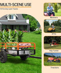 Beefy ATV Dump Cart With 1500 Lbs Capacity used for hauling potted plants, shown with lawn tractor and farm equipment in garden scene