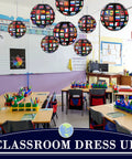 Flags Of All Nations Paper Hanging Lanterns Set Of 12 For Party Decor, 8in and 12in sizes, displayed in a classroom.