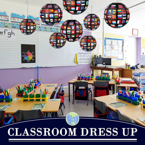 Flags Of All Nations Paper Hanging Lanterns Set Of 12 For Party Decor, 8in and 12in sizes, displayed in a classroom.