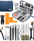 3D printer tools kit in blue zip case, 46-piece set with scraper, nozzle cleaner, files, tweezers, pliers, brushes.