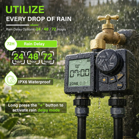 Rechargeable Two Zone Water Timer For Garden And Lawn, IPX6 Sprinkler Controller with rain delay in use, showing digital display.