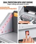 VEVOR 13 Inch Electric Paper Cutter showing safety features like infrared detection and emergency stop switch for office use.