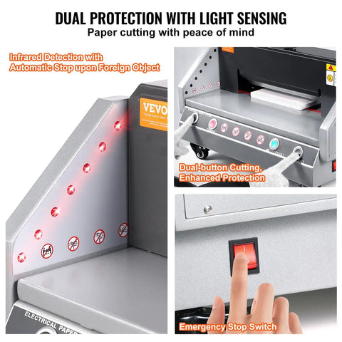 VEVOR 13 Inch Electric Paper Cutter showing safety features like infrared detection and emergency stop switch for office use.