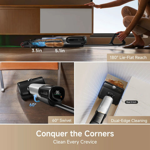 Zero Drama Cordless Wet And Dry Vacuum Cleaner Killing Sticky Messes With 20000Pa Suction, Tangle Free Rollers, Hot Water Wash, Instant Self Dry, Lie Flat Maneuver, And Plug Ready Charging Dock showcasing lie-flat reach and swivel design.