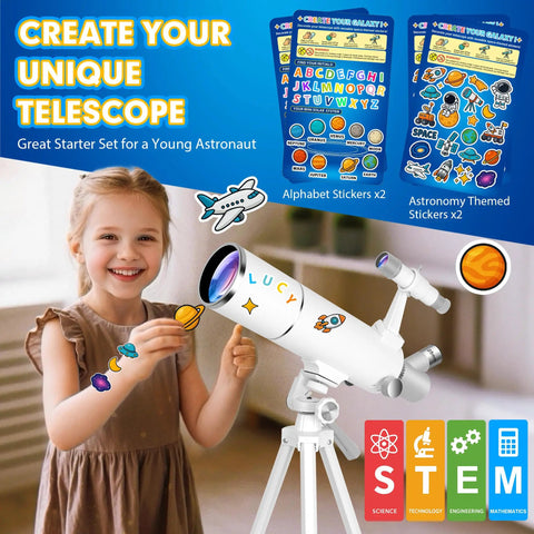 Child decorating Beginner Friendly 80mm Refractor Telescope Kit for Adults and Kids with 500mm Focal Length, stickers visible.