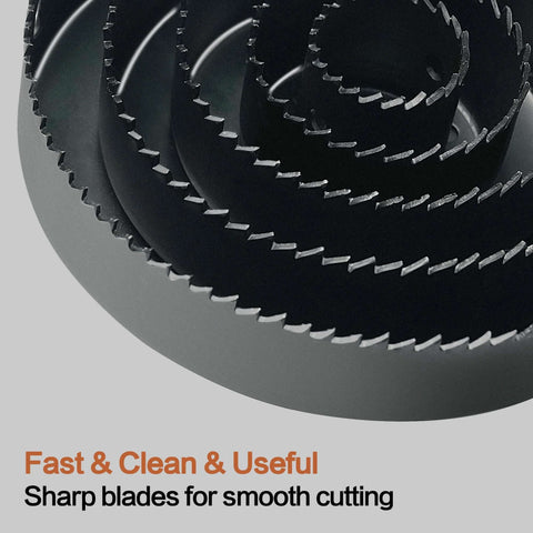 Axelord 19-piece hole saw set; close-up of stacked black metal hole saw blades with sharp teeth.