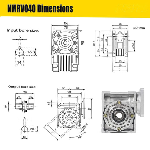 Technical diagram of NMRV040 Worm Gear Reducer 50 To 1 Aluminum Alloy Gearbox for NEMA34 with 14 mm input bore and 18 mm output shaft.