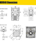 Technical diagrams and dimensions of NMRV040 Worm Gear Reducer with 5:1 ratio for NEMA 34 motors, aluminum alloy housing.