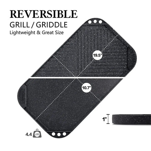 Nonstick Griddle And Grill Pan Pro Grid Reversible Two Burner Cast Aluminum Portable indoor stovetop camping BBQ 19.5x10.7