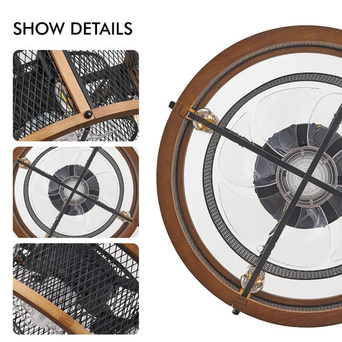 Top view of Dope Industrial Farmhouse Ceiling Fan With Lights, Caged Wood Design, showcasing multiple angle details.