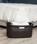 40L Laundry Basket Set Of 2 With Wicker Look Lightweight Plastic Hamper For Clothes Grab And Go Easy Carry Compact shown near bed