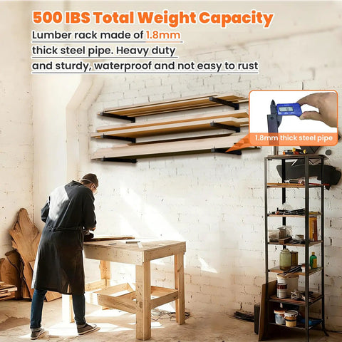 Heavy-Duty Wall Mounted Lumber Rack, Beefy Three-Tier Garage Shelf And Shop Wood Organizer, Rock Solid 500 Lb Capacity To Store Firewood And Metal Pipes, Black Two Pack Space Saver