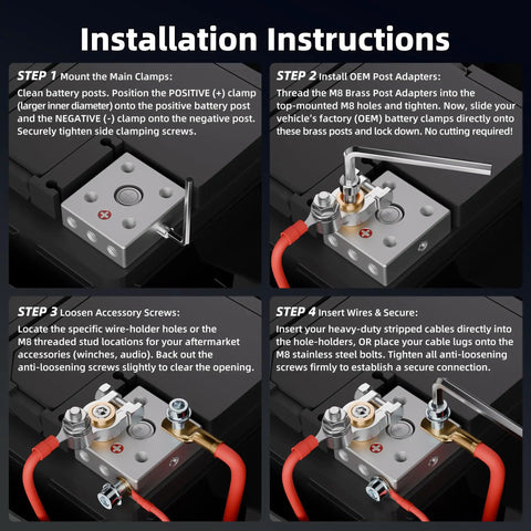 Installation diagram for Heavy Duty Battery Terminal Distribution Block With 14 Port Connectors And Vertical Brass Adapters For Car Audio Marine Automotive, Clamp Design For Reliable Connections, Compatible With 6V-48V Systems Up To 4/0 AWG