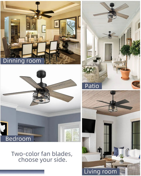 Collage of 48 Inch Dope Industrial Black Farmhouse Ceiling Fan With Glass Shade, Reversible Matte Black And Wood Blades in rooms