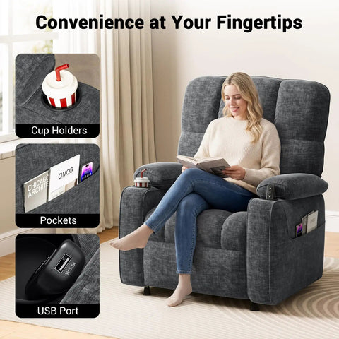 Woman sitting in a Power Recliner Chair For Adults With One Touch Synchronized Electric Recline USB Ports Cup Holder Side Pockets Chenille Seat.