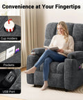 Woman relaxing on a Power Recliner Chair for Adults with Infinite Adjustable Synchronized Recline, soft chenille upholstery, cup holder, and USB port.