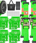 Heavy Duty Wheel Chock Tie Down Straps Kit for Trailers and UTVs, E-Track Ready, 4-Pack shown with green straps and hardware