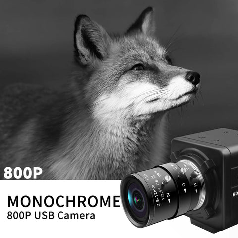 USB Global Shutter Camera Featuring 800P Monochrome Sensor beside a fox, showcasing its detailed lens and sensor design.