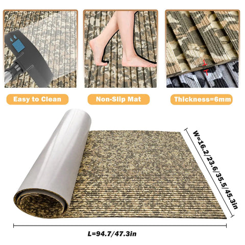 Camouflage EVA Boat Flooring 6mm Self Adhesive Marine Decking Sheet 94 By 35 Inches with non-slip texture and measuring guide