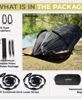 Camping Hammock With Spacious Net For Indoor Or Outdoor Use Solo Or Duo Comfort package includes hammock, poles, and straps.