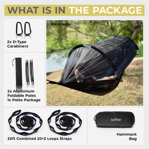 Camping Hammock With Spacious Net For Indoor Or Outdoor Use Solo Or Duo Comfort package includes hammock, poles, and straps.