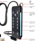 Turn One Outlet Into Twelve With Tethered USB Ports Surge Protector, 8 Ft Cord, Flat Plug, 4320 Joules, Power Filter, Circuit Breaker, UL Listed, Black, Extra Wide Spaced Outlets, Warranty Included