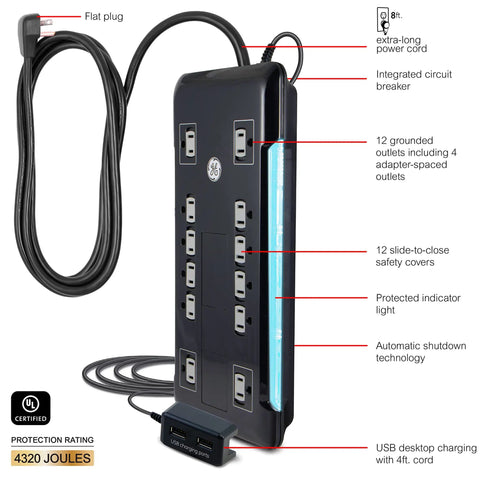 Turn One Outlet Into Twelve With Tethered USB Ports Surge Protector, 8 Ft Cord, Flat Plug, 4320 Joules, Power Filter, Circuit Breaker, UL Listed, Black, Extra Wide Spaced Outlets, Warranty Included