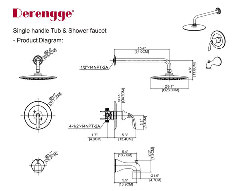 Technical diagram of Single Handle Anti Scald Tub And Shower Faucet With 9 Inch Showerhead And 14 Inch Arm And Spout Matte Black Finish