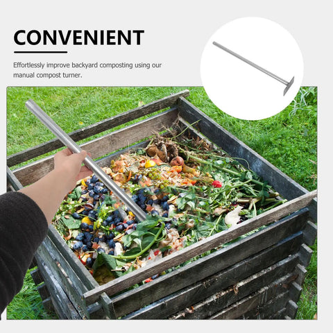 Manual Soil Aerator Tool For Easy Compost Turning And Mixing With Stainless Steel Turner Rake shown in a compost bin