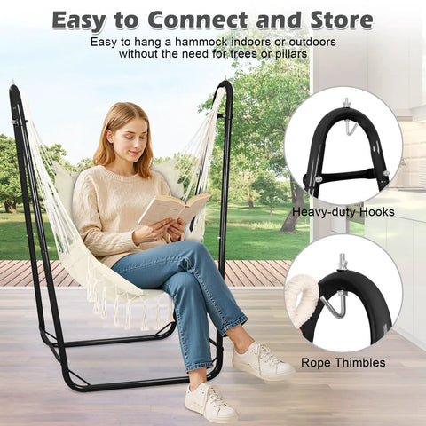 Woman reading in U Shaped Stand Hammock Chair With Cotton Swing Seat And Side Pocket, Heavy Duty Metal Frame For Indoor Outdoor Use