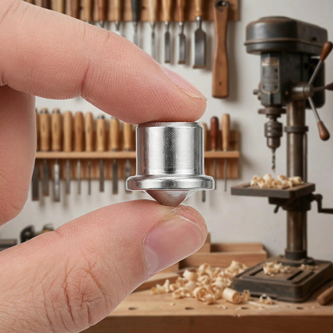 Hand holding Dowel Center Transfer Plugs Set For Woodworking Hollow And Solid Doweling Alignment Tool Drill Marking Pin