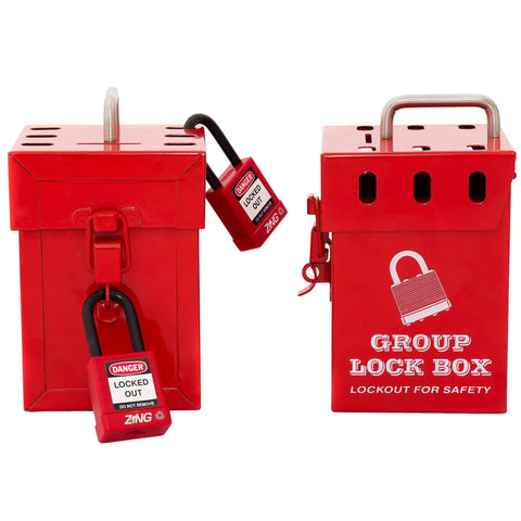 Mini Lockout Tagout Box for Group Lockout OSHA Compliant Safe Key Storage Red Four Point Five by Ten by Ten Inch Portable Lockout Box