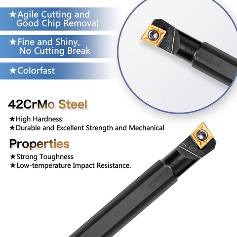 Lathe Tools Pro Grade 14 Piece Bit Set With Threading Holders And Boring Bars, Four Shanks Three Eighths Inch, Includes Ten Indexable Carbide Inserts CCMT060204 For Metal Lathe Projects showcasing 42CrMo steel features.