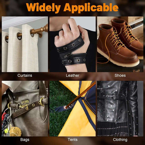 Image showing applications of the Pro Grade Heavy Duty Grommet Kit With One Quarter Inch And Three Eighths Inch Grommets: curtains, leather, shoes, bags, tents, clothing.